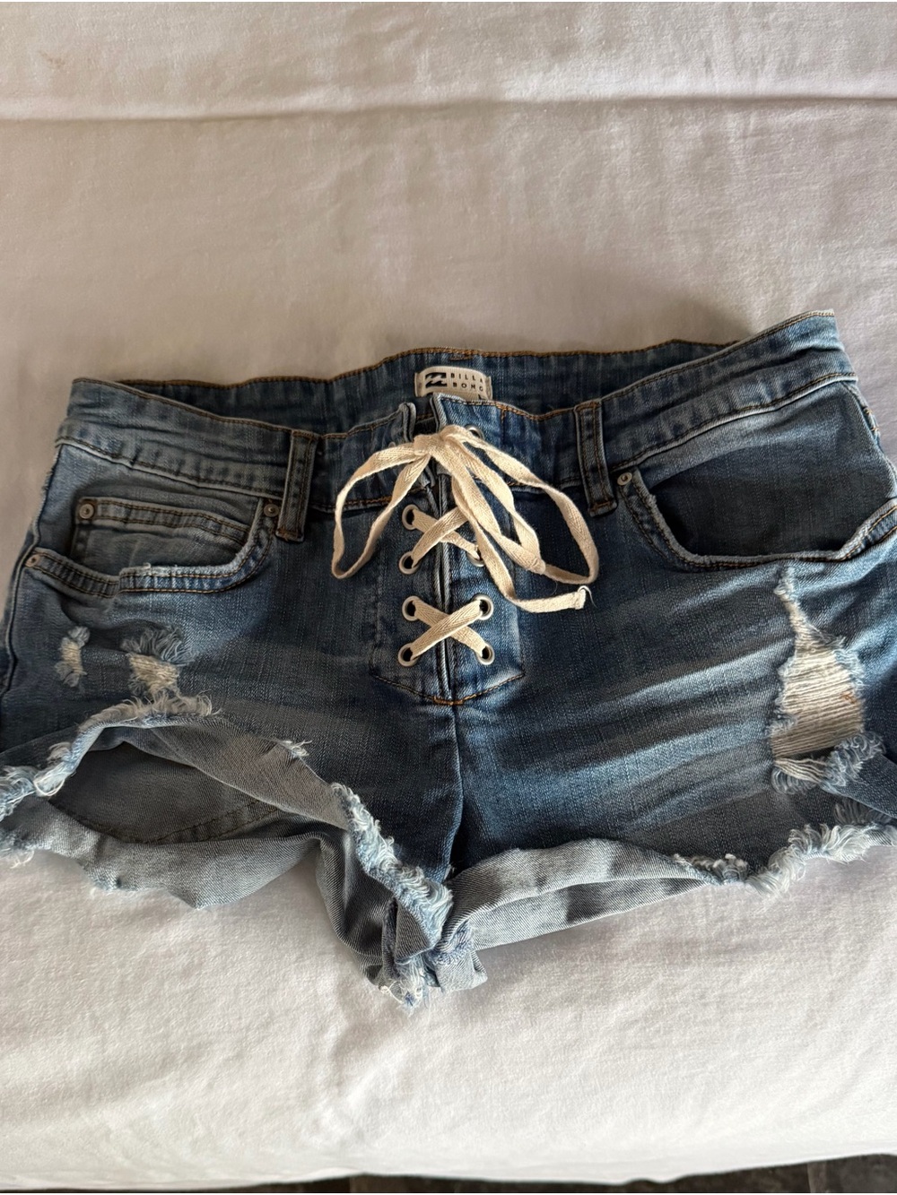 Billabong Lace-Up Distressed Denim Shorts - Light Blue